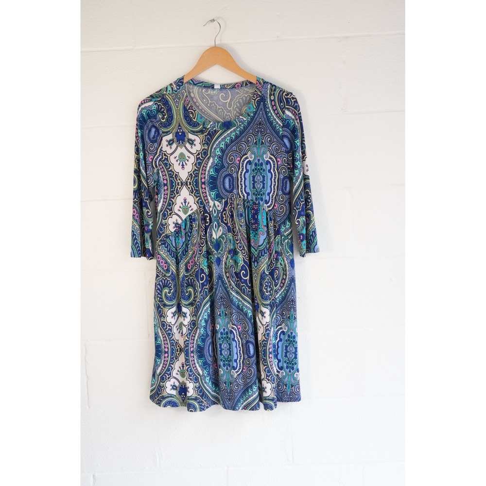 Honeyme Blue Paisley Empire Waist 3/4 Size Medium Mini Dress - Picture 1 of 6